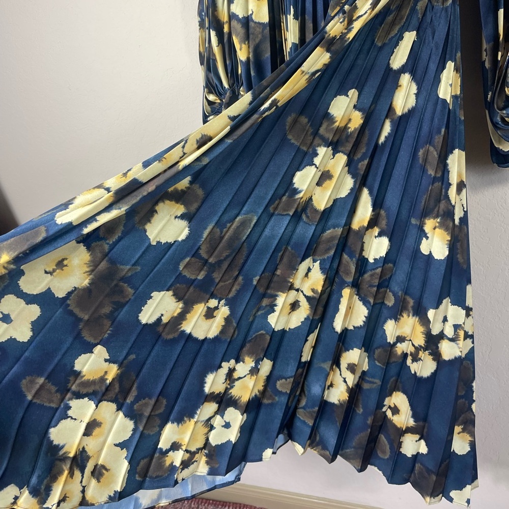 Acler Palms Pleated Long Sleeve Midi Dress Navy Floral Size 2 - Picture 9 of 15